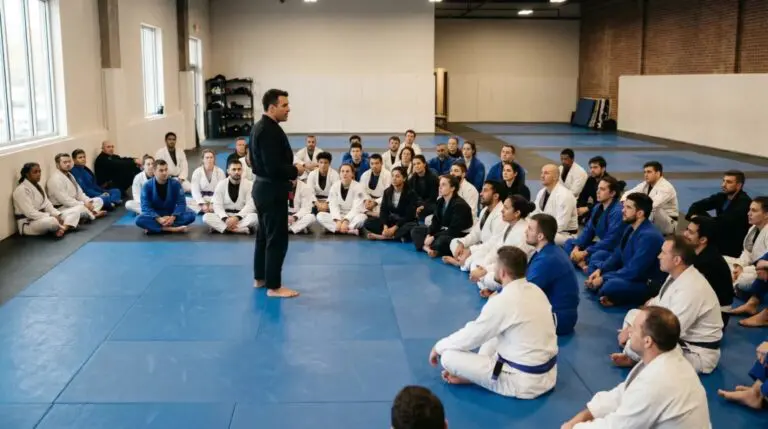 Instructor teaching seated students martial arts fundamentals for beginners on training mats