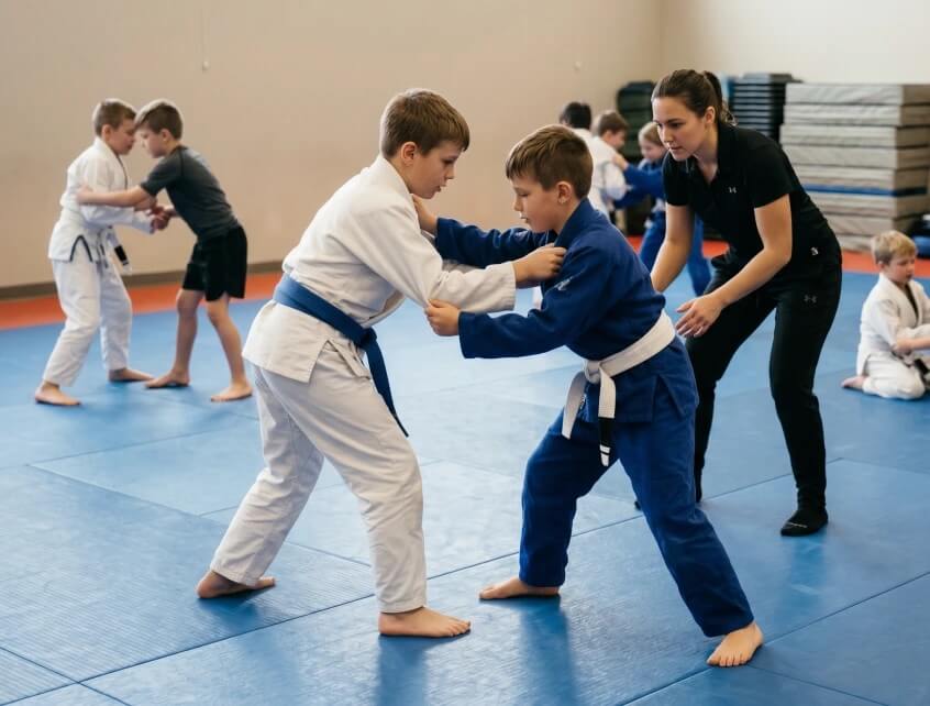 Children practicing grips while coach guides beginner martial arts tips