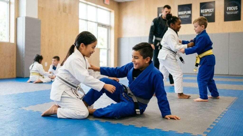 Children practicing partner drills that build martial arts training habits