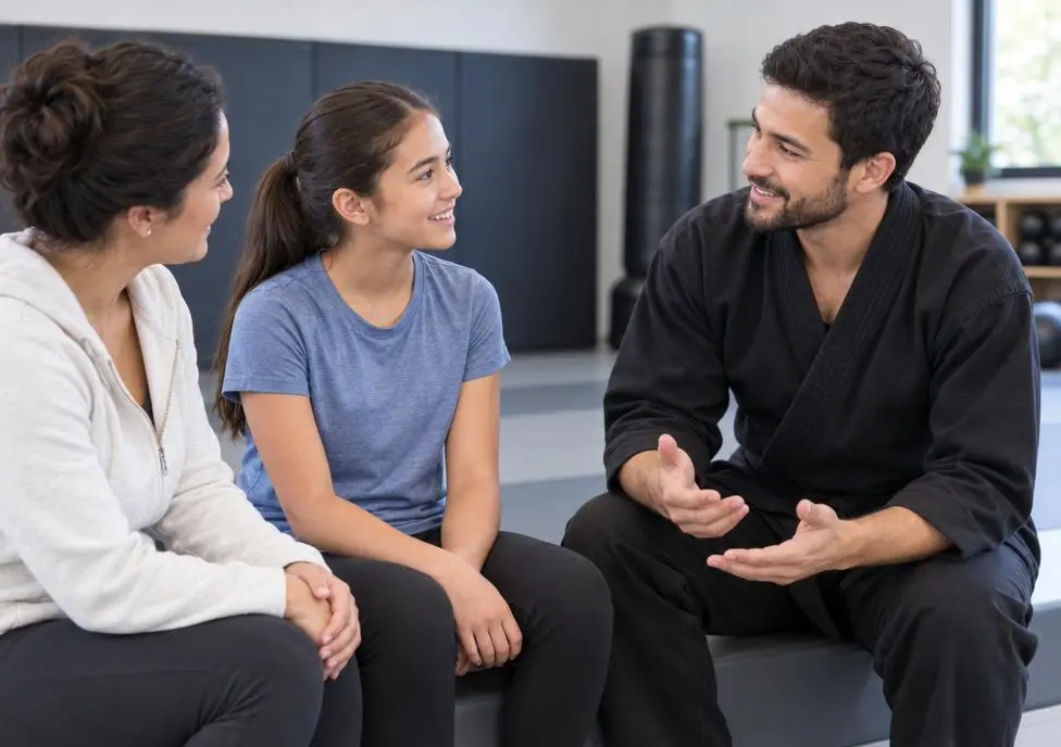 Martial arts instructor speaking with a mother and child after beginner training in a dojo