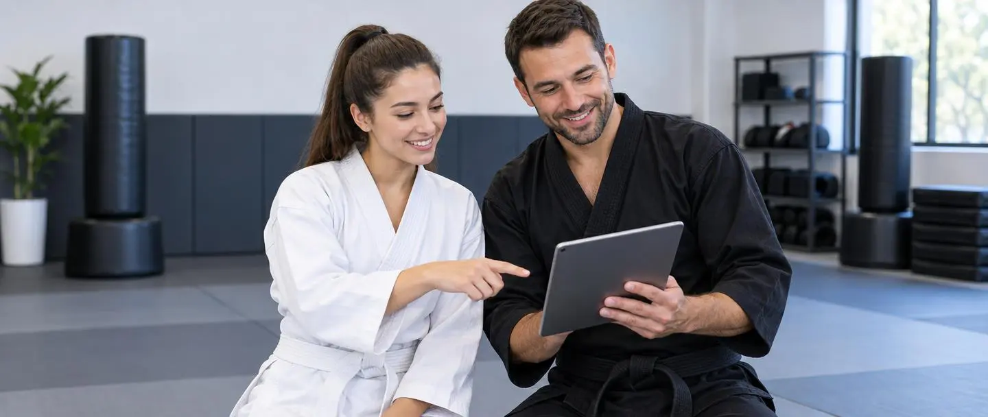 Martial arts instructor showing a tablet offer to adult beginner students in a dojo